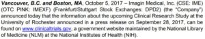An excerpt from Imagin Medical's October 5th, 2017 news release, indicating that their trial was now listed on a website.
