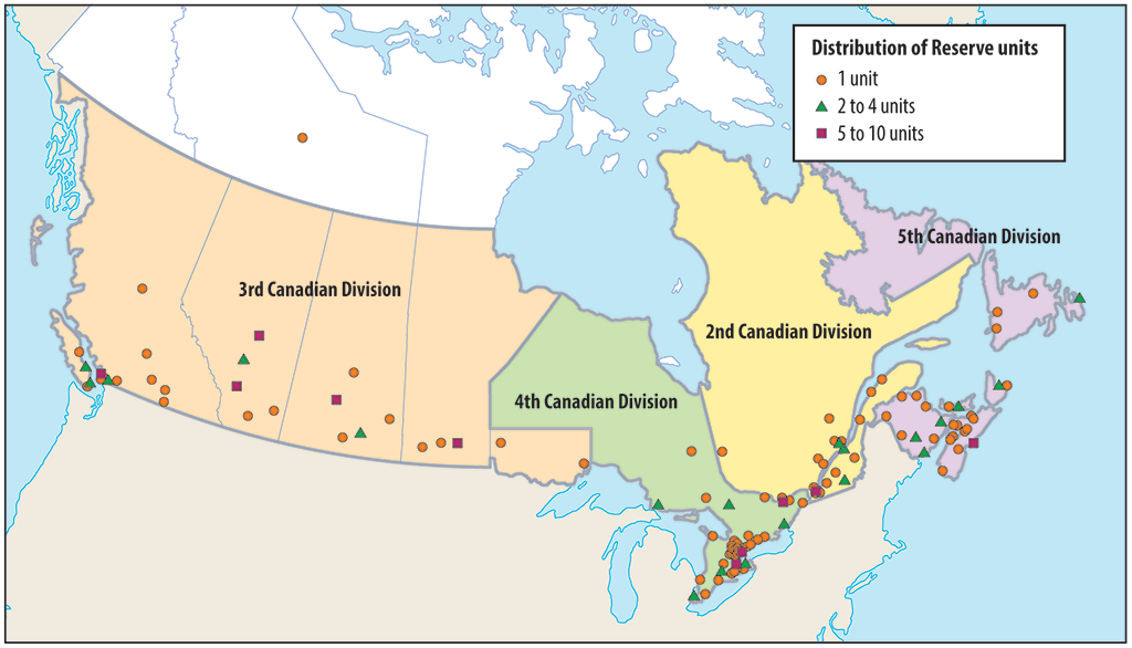 Distribution of Canadian Armed Forces reserve units.