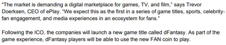 ePlay Digital's November 29, 2017 news release snippet related to the future purpose of the coin.