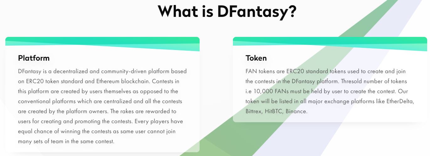 Screenshot from the dFantasy website outlining the focus of the platform being developed as well as the token.