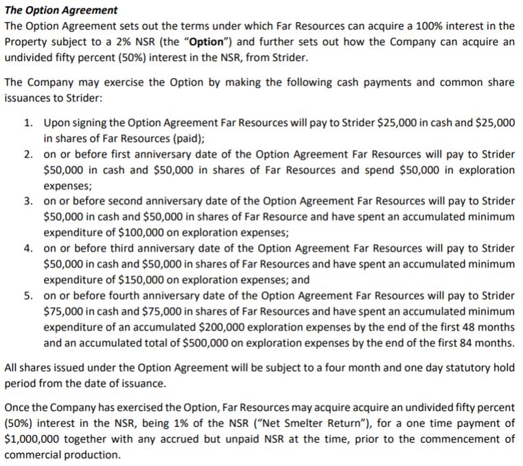 The September 28, 2017, options agreement for Far Resources.