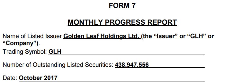 Golden Leaf Holdings form 7 filing for October 2017.