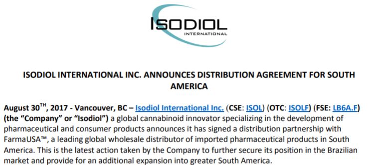 Isodiol International's August 30th, 2017 news release detailing its distribution agreement with FarmaUSA.