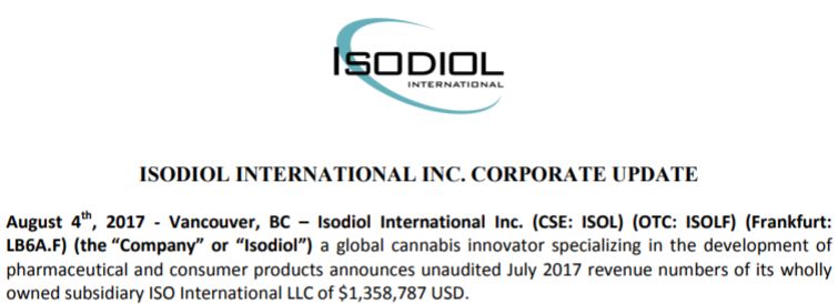 Isodiol International's August 4th, 2017 corporate update.