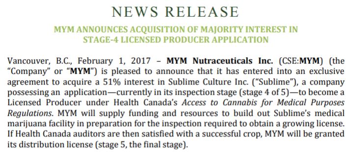 MYM Nutraceuticals Feb 1st 2017 news release regarding the Sublime Cultures acquisition.