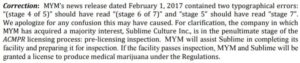 MYM Nutraceuticals Feb 8, 2017 correction to its Sublime news release.