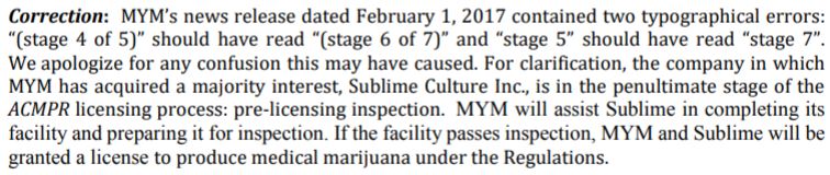 MYM Nutraceuticals Feb 8, 2017 correction to its Sublime news release.