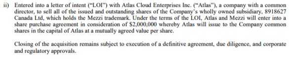 Section outlining the letter of intent signed to sell the luxury accessories subsidiary of Mezzi Holdings. Snippet from the July 31st, 2017 interim financial statements.