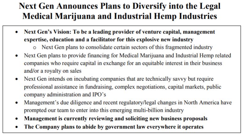 Namaste Technologies February 26, 2014 news release announcing their entrance to the cannabis sector.