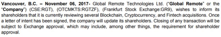 Global Remote Technologies' November 6th, 2017 news release.