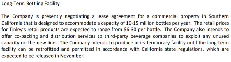 Tinley Beverage Co's October 25, 2017 news release referencing its bottling facility.