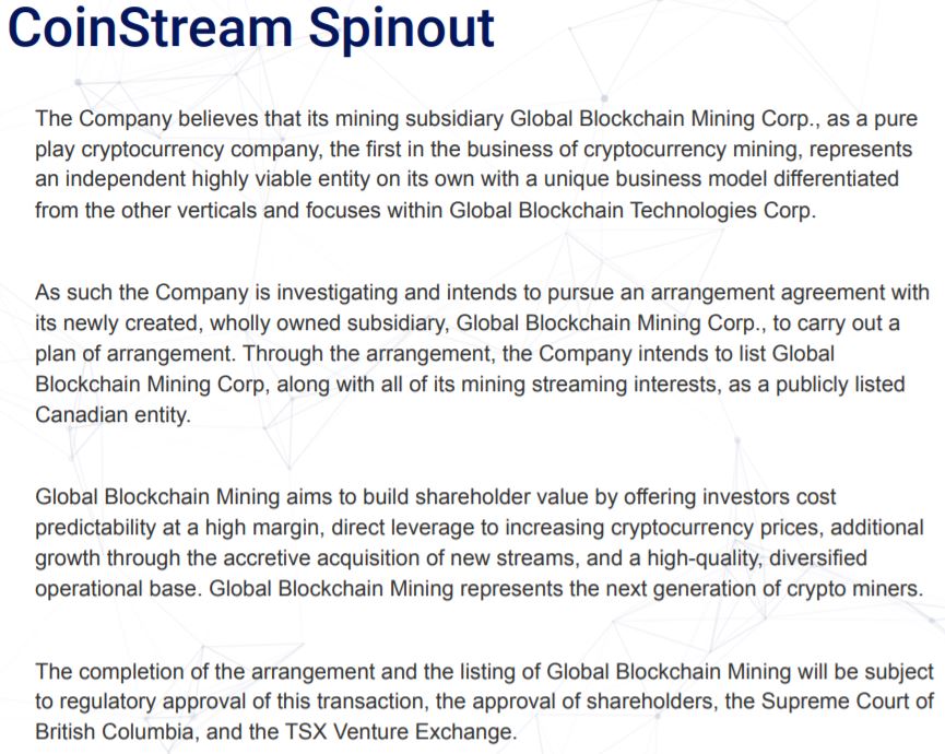 Snippet from slide 26 of Global Blockchain's investor presentation, outlining the benefits of the proposed spin out.