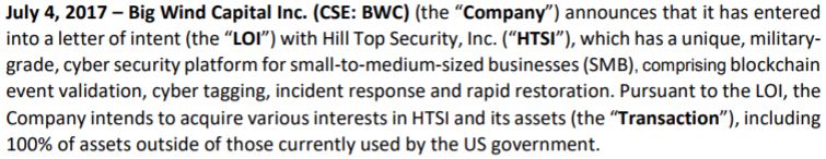 The letter of intent between Big Wind Capital and Hill Top Security.