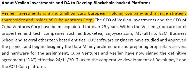 Cuba Ventures disclosure related to Vesilen Investments.