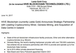 HIVE Blockchain's initial change of business announcement.