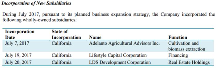 New subsidiaries the company established in July 2017.