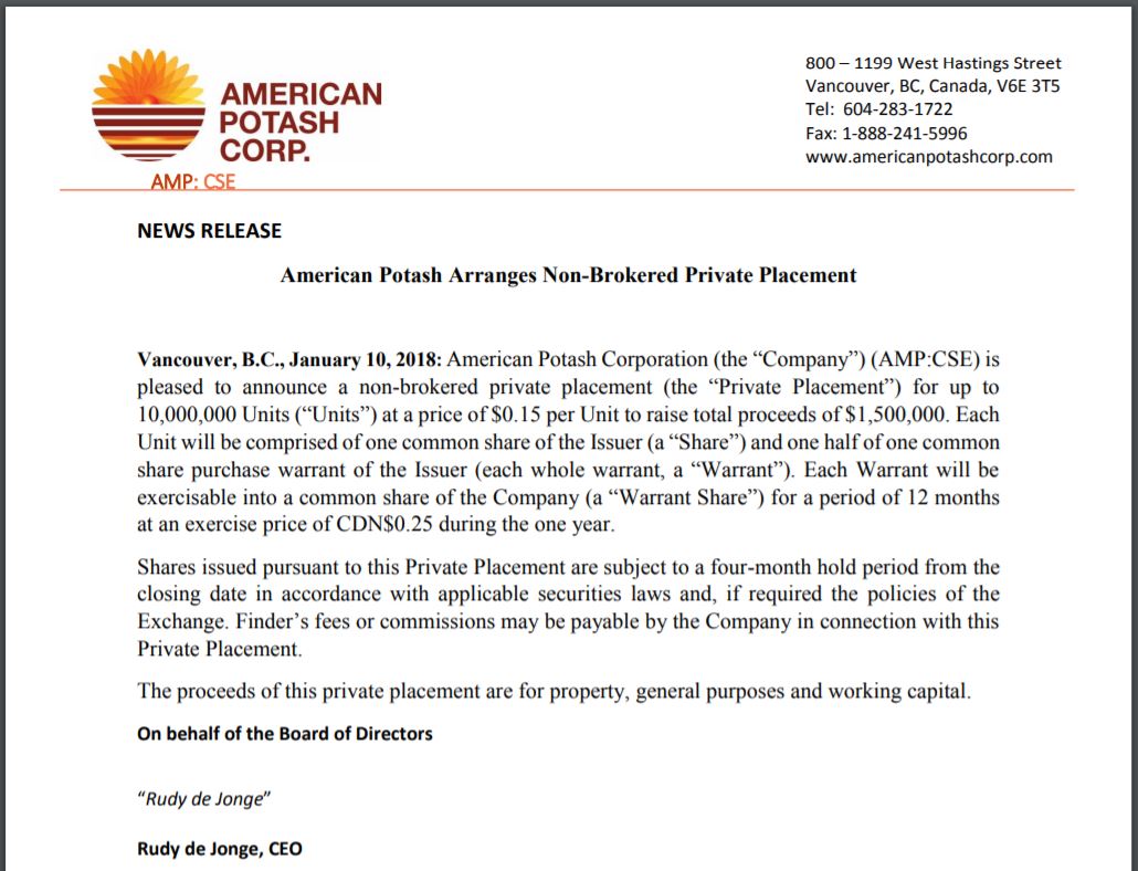 American Potash's hot off the presses private placement news release.