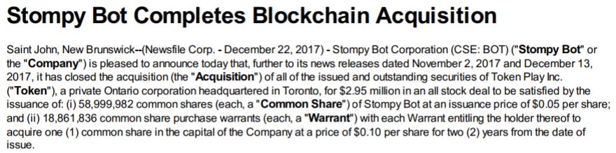 Stompy Bot's news release indicating its acquisition of Token Play had been completed.