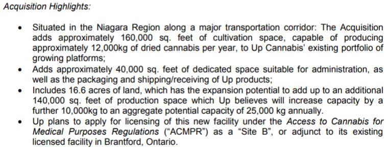 Details on the acquisition of Newstrike Resources' third cultivation facility.