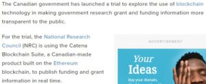 Snippet from a Global News article indicating the Government of Canada's trial with smart contracts.