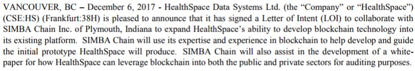 The December 6, 2017 news release pertaining to the letter of intent with SIMBA Chain Inc