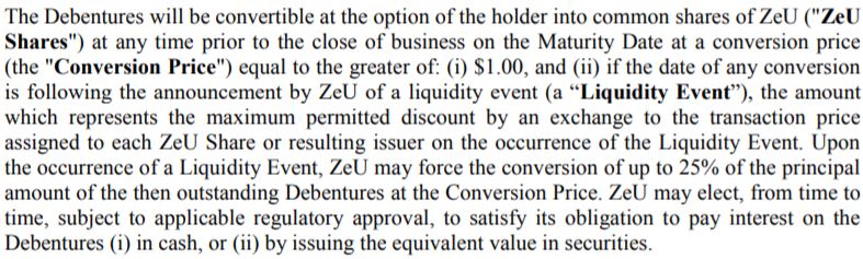 Details of the ZeU convertible debenture offering.