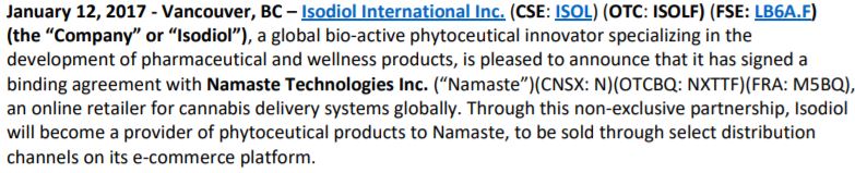 The basis of the agreement between Namaste Technologies and Isodiol.