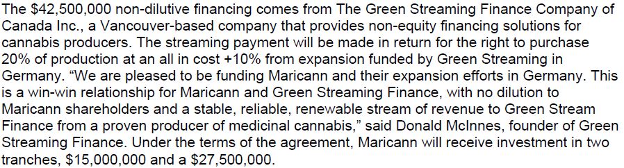 The terms of the financing from The Green Streaming Finance Company of Canada