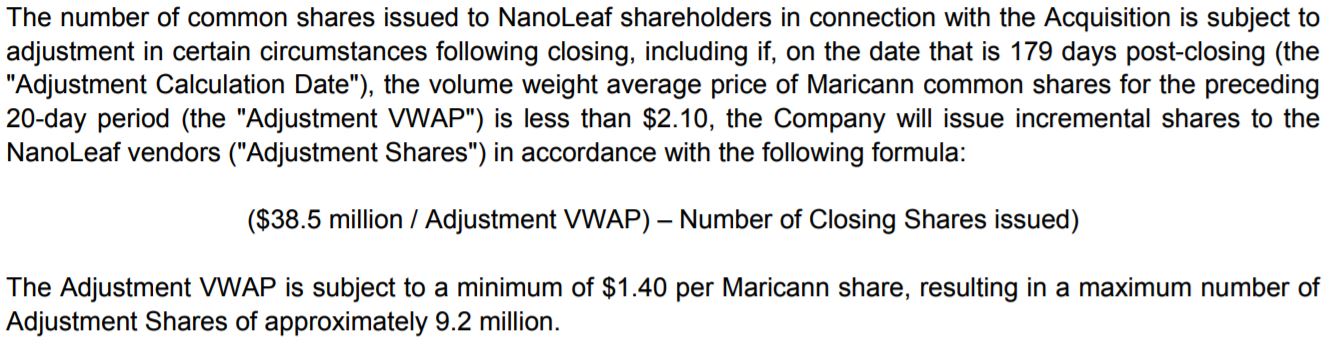 Potential share issuance revision related to the NanoLeaf acquisition by MariCann.