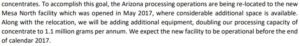 Snippet related to Arizona concentrate production found in the November 29, 2017 MD&A filed on SEDAR.