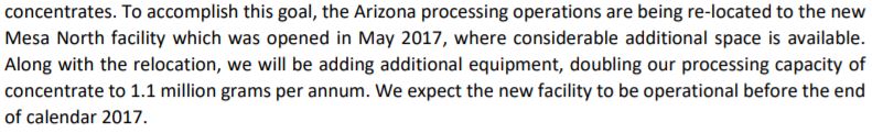 Snippet related to Arizona concentrate production found in the November 29, 2017 MD&A filed on SEDAR.