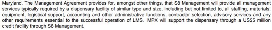 The details of MPX Bioceutical's management agreement in Maryland.