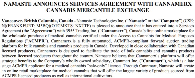 Service agreement between Namaste and Cannamerx.