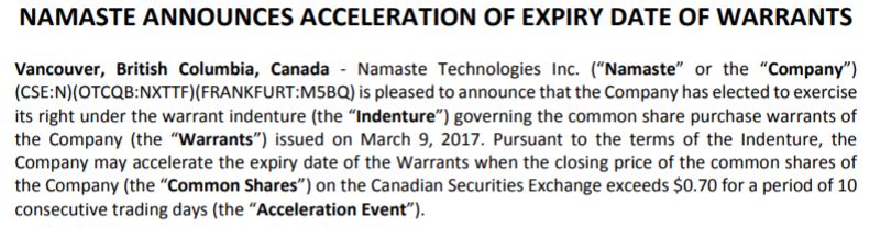 Namaste Technologies' release related to the forcing of warrants December 7, 2017.