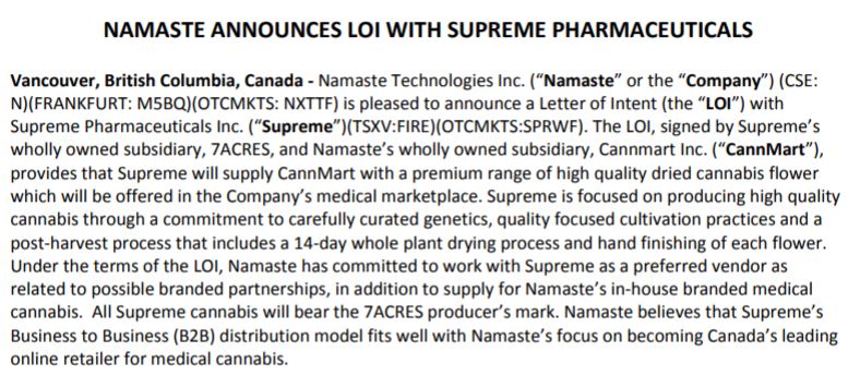 The letter of intent between Supreme Pharmaceuticals and Namaste Technologies.