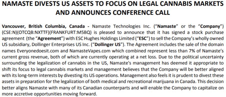 Namaste Technologies November 28 news release.