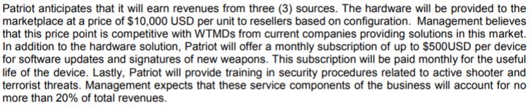 Patriot One's anticipated revenue streams. Snippet from MD&A filed on December 28, 2017.