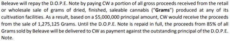 Details of the second agreement signed between Beleave and Cannabis Wheaton.