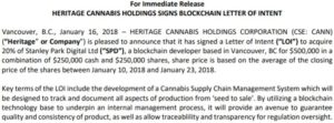 Heritage Cannabis' letter of intent with Stanley Park Digital