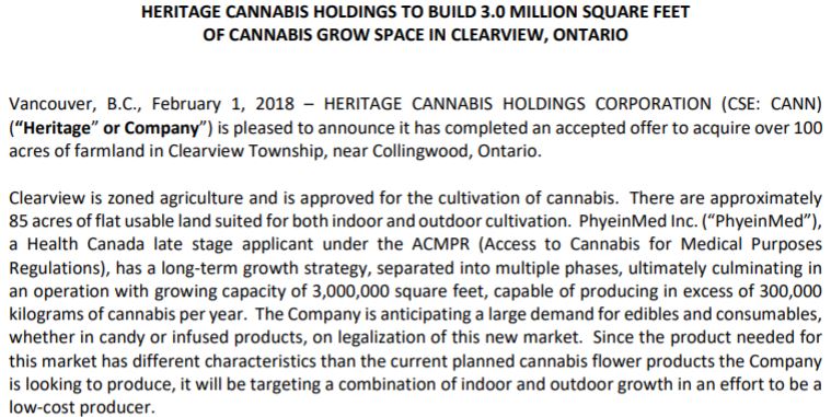 Heritage Cannabis' announcement of a new future facility.