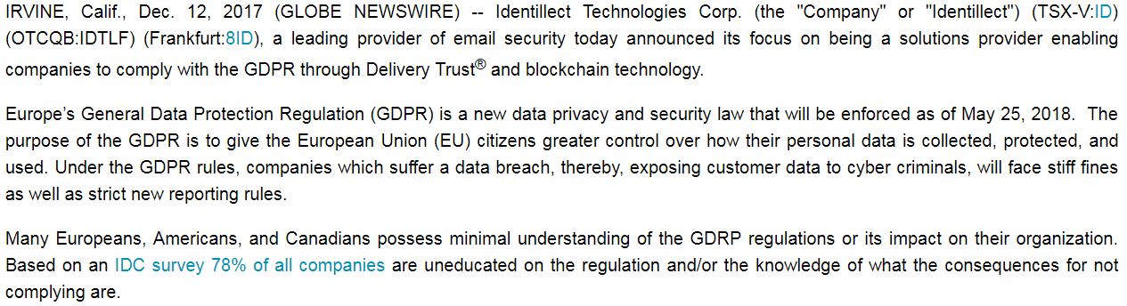 Identillect Technologies December 14, 2017 news release outline the future potential for the company.