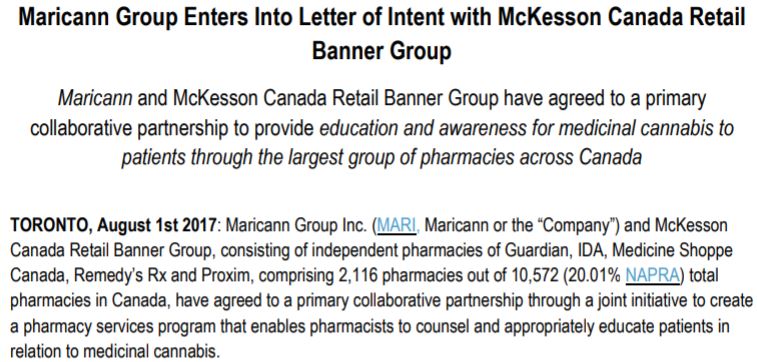 August 1, 2017 news release between Maricann Group and McKesson Canada Retail Banner Group.