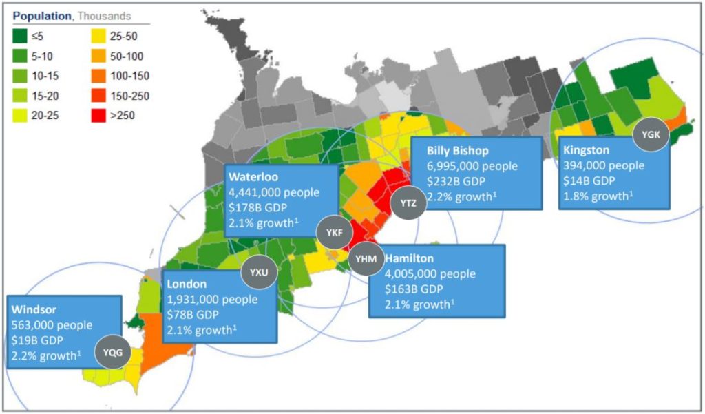 Canada Jetlines' Southern Ontario region of focus.