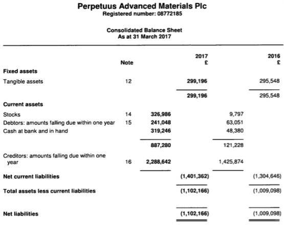 Balance sheet of Perpetuus Advanced Materials