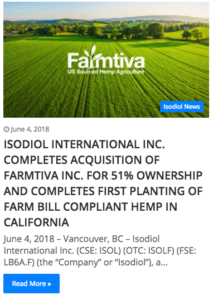 A cut out from the Isodiol website of the release indicating the 51% acquisition of Farmtiva Inc.