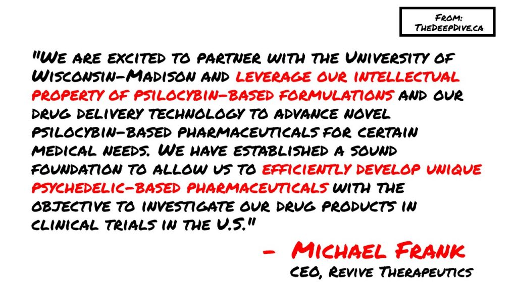 "We are excited to partner with the University of Wisconsin-Madison and leverage our intellectual property of psilocybin-based formulations and our drug delivery technology to advance novel psilocybin-based pharmaceuticals for certain medical needs. We have established a sound foundation to allow us to efficiently develop unique psychedelic-based pharmaceuticals with the objective to investigate our drug products in clinical trials in the U.S."  - Michael Frank, CEO