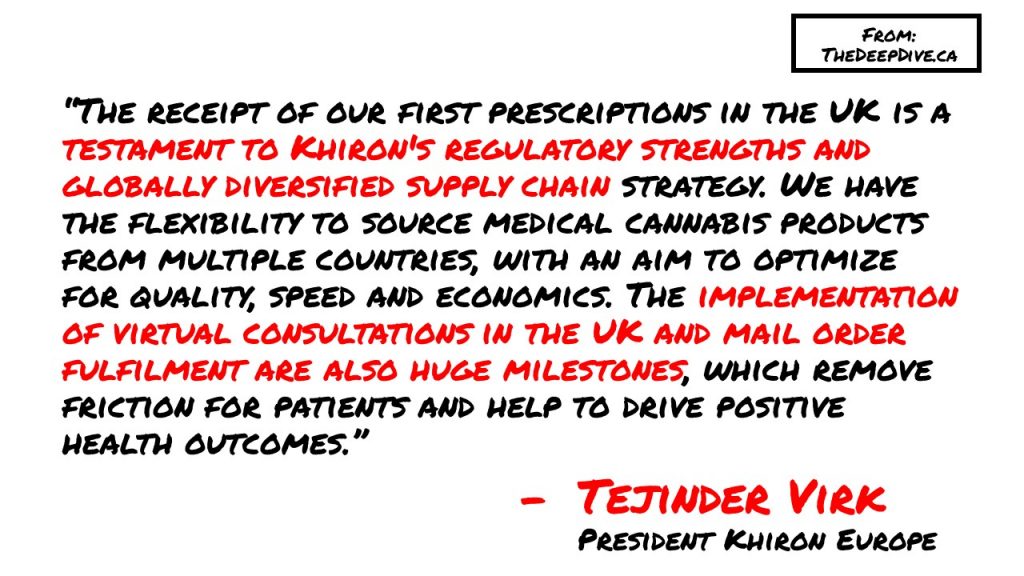 “The receipt of our first prescriptions in the UK is a testament to Khiron's regulatory strengths and globally diversified supply chain strategy. We have the flexibility to source medical cannabis products from multiple countries, with an aim to optimize for quality, speed and economics. The implementation of virtual consultations in the UK and mail order fulfilment are also huge milestones, which remove friction for patients and help to drive positive health outcomes.”
Tejinder Virk, President Khiron Europe