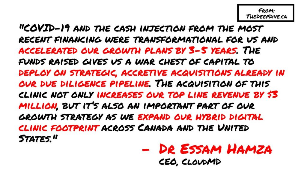 "COVID-19 and the cash injection from the most recent financing were transformational for us and accelerated our growth plans by 3-5 years. The funds raised gives us a war chest of capital to deploy on strategic, accretive acquisitions already in our due diligence pipeline. The acquisition of this clinic not only increases our top line revenue by $3 million, but it’s also an important part of our growth strategy as we expand our hybrid digital clinic footprint across Canada and the United States." 
Dr Essam Hamza, CEO