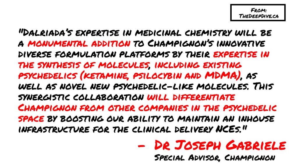 “Dalriada’s expertise in medicinal chemistry will be a monumental addition to Champignon’s innovative diverse formulation platforms by their expertise in the synthesis of molecules, including existing psychedelics (ketamine, psilocybin and MDMA), as well as novel new psychedelic-like molecules. This synergistic collaboration will differentiate Champignon from other companies in the psychedelic space by boosting our ability to maintain an inhouse infrastructure for the clinical delivery NCEs.”
Dr Joseph Gabriele, Special Advisor to Champignon