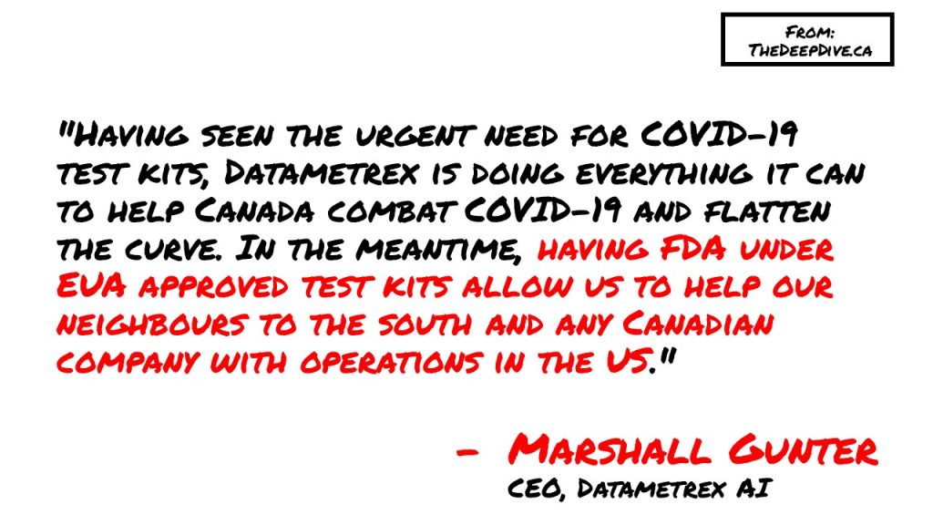 "Having seen the urgent need for COVID-19 test kits, Datametrex is doing everything it can to help Canada combat COVID-19 and flatten the curve. In the meantime, having FDA under EUA approved test kits allow us to help our neighbours to the south and any Canadian company with operations in the US." 
Marshall Gunter, CEO Datametrex